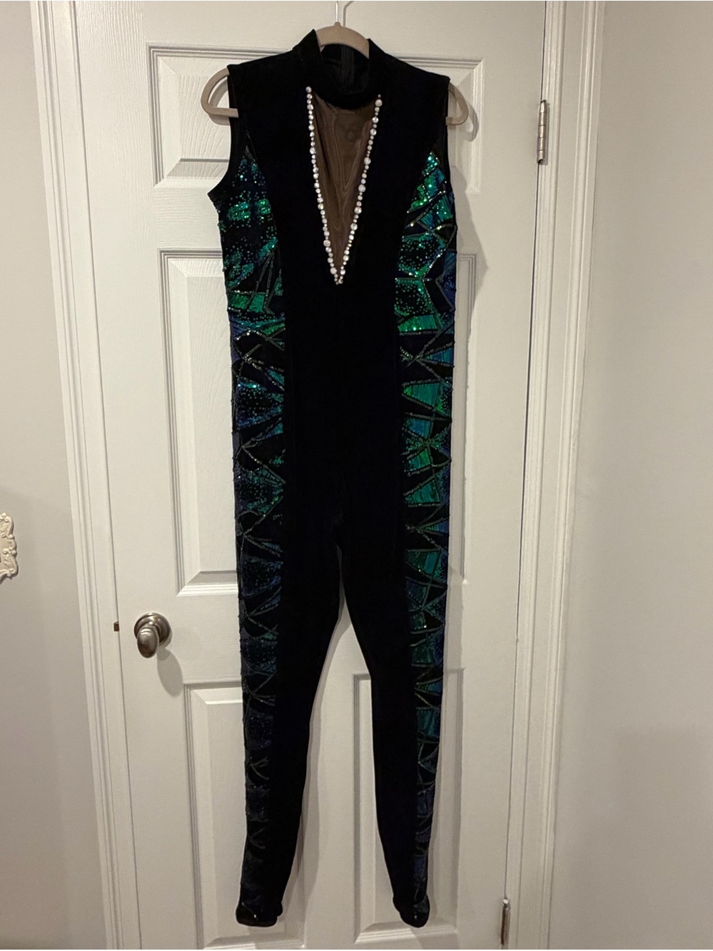 A Wish Come True Black Velvet Unitard with Added Gems Dance Costume